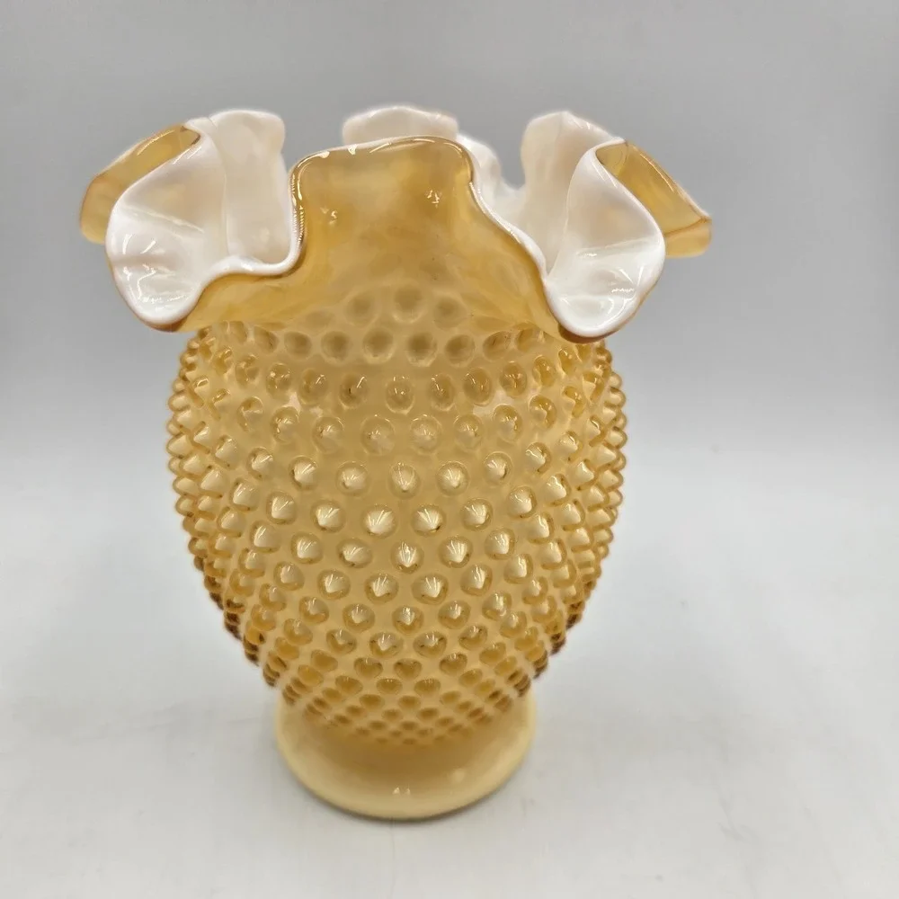 Stunning Vintage Fenton Ruffled Honey Amber Overlay English Hobnail Vase 6.25